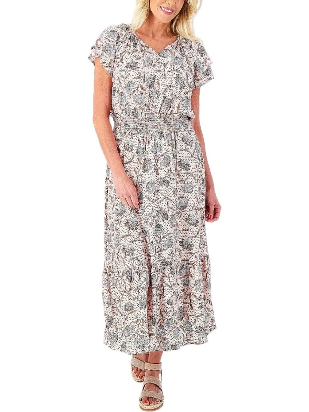 Destination 365 Midi Dress XXS Printed Short Sleeve Smocking Sepia Rose Floral